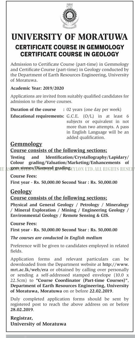 Certificate Course in Gemmology, Certificate Course in Geology - University of Moratuwa